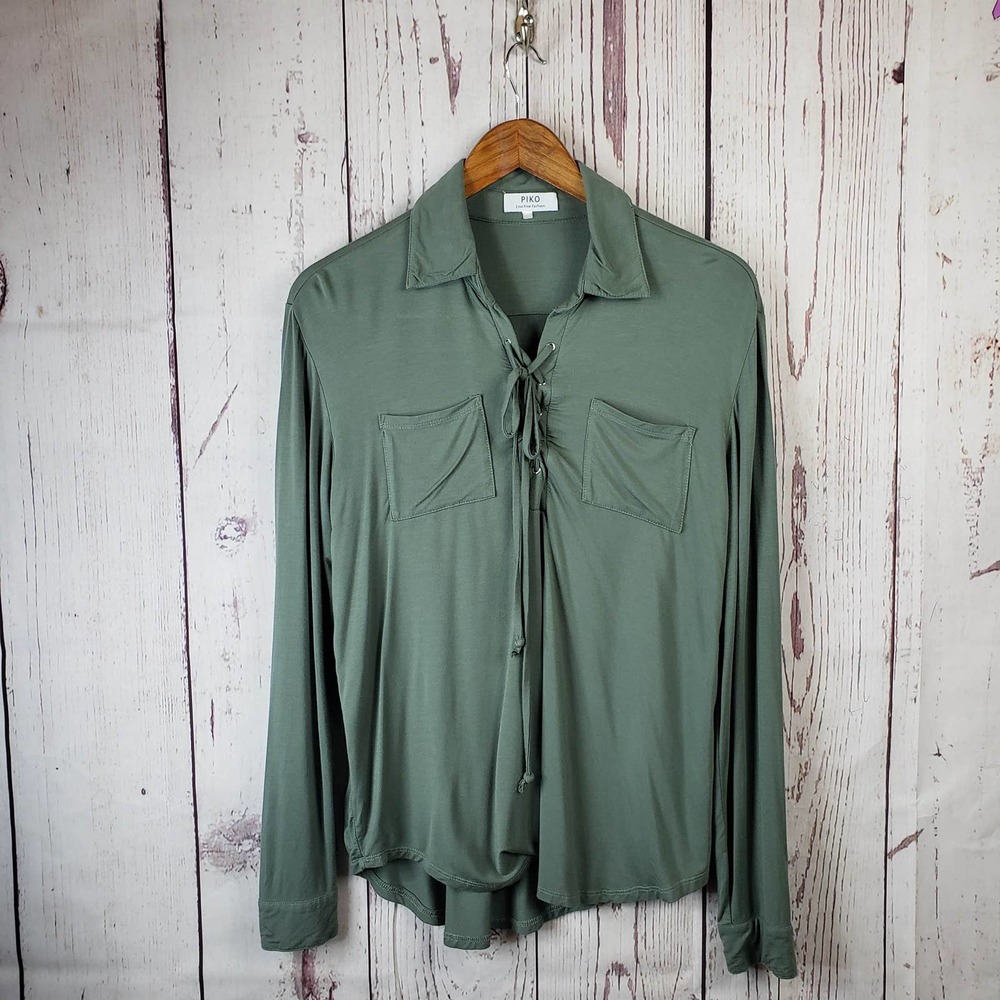 Piko Henley Blouse Womens Size Large Flowy Long Sleeve Bamboo Green
